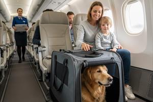 Cane grande in un trasportino dentro l'aereo accanto ai proprietari