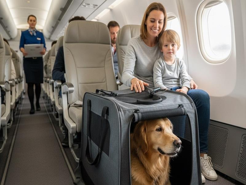 Cane grande in un trasportino dentro l'aereo accanto ai proprietari