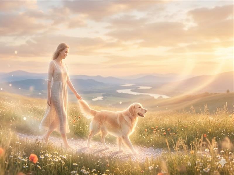 Labrador che cammina con la sua padrona in un paesaggio paradisiaco