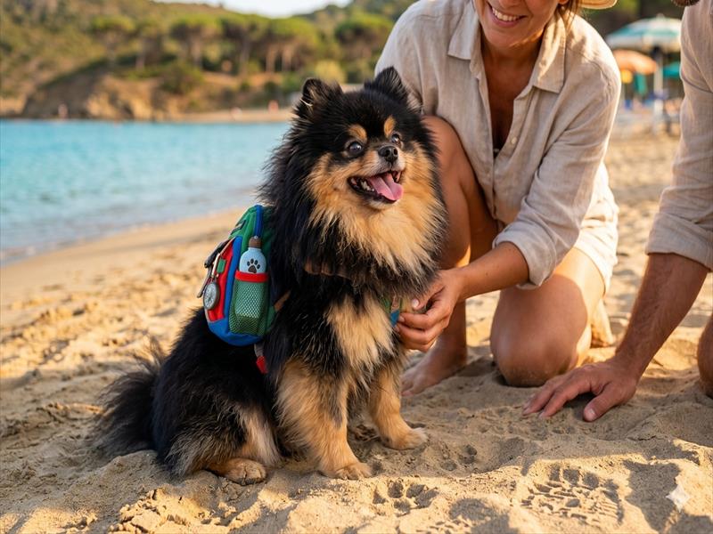 I padroni accarezzano il cagnolino in una spiaggia a Castiglione della Pescaia