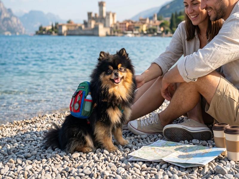 Un cane seduto lungo le sponde del Lago di Garda vicino a Sirmione