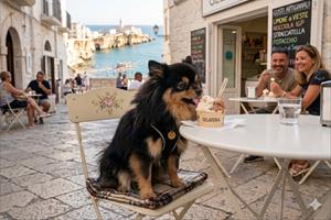Cane seduto ad un tavolino di una gelateria di Vieste che lecca il gelato