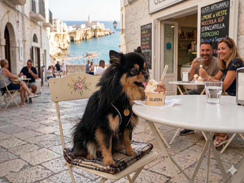 Cane seduto ad un tavolino di una gelateria di Vieste che lecca il gelato