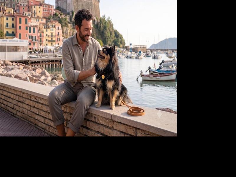 Cagnolino insieme al suo padrone seduto su un muretto nel lungomare di Lerici