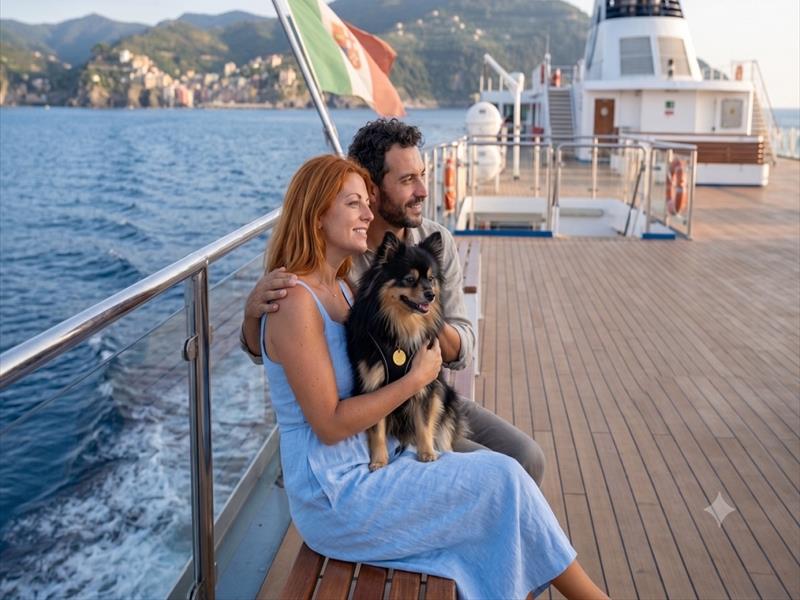 Coppia con il cagnolino seduta su un ponte di un traghetto in navigazione