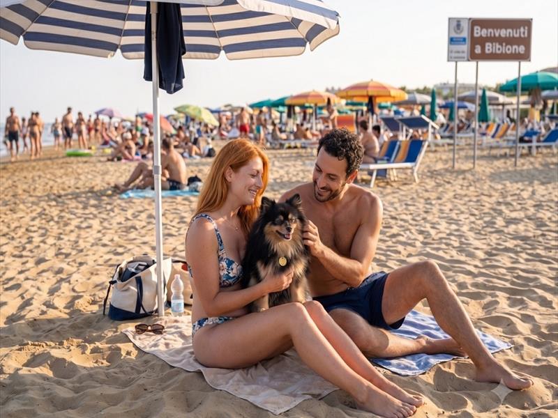 Coppia con cagnolino in spiaggia a Bibione