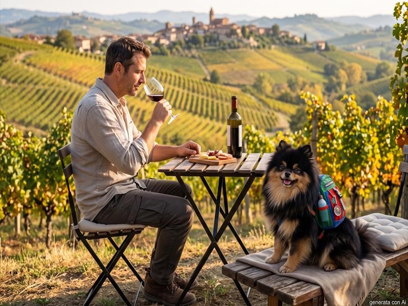 Un uomo degusta un vino rosso mentre il suo cane si riposa in mezzo au un vigneto nelle langhe