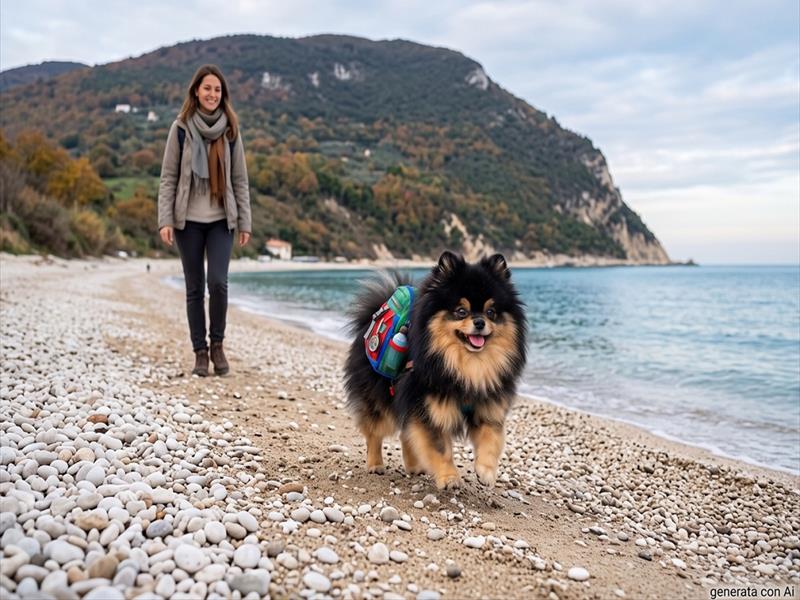 Cagnolino che corre nella spiaggia della Riviera del Conero con dietro al sua padrona e nello sfondo il monte Conero