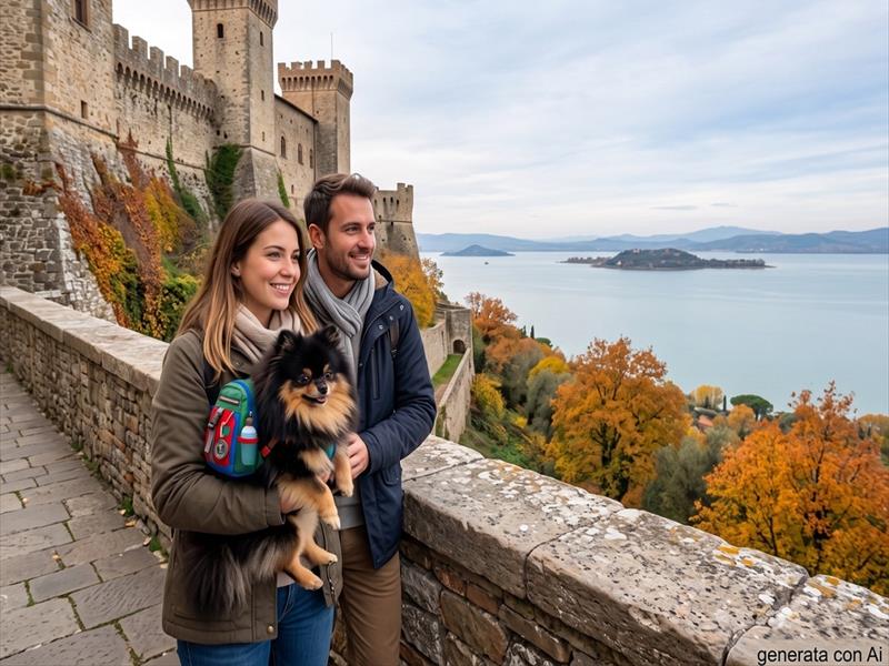 Coppia con cagnolino sotto la rocca di Castiglione del Lago che guardano il lago Trasimeno