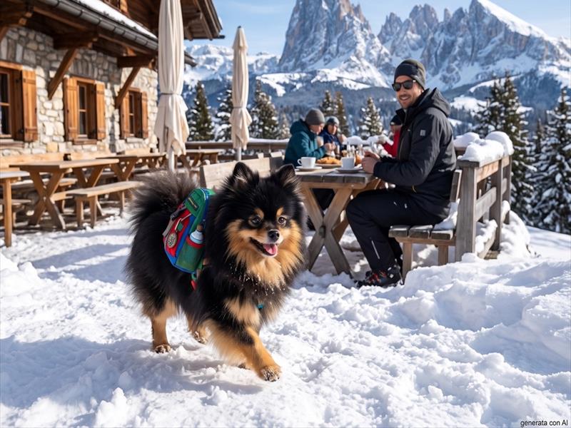 Cagnolino sulla neve mentre il padrone seduto al tavolo di un rifugio beve un caff�